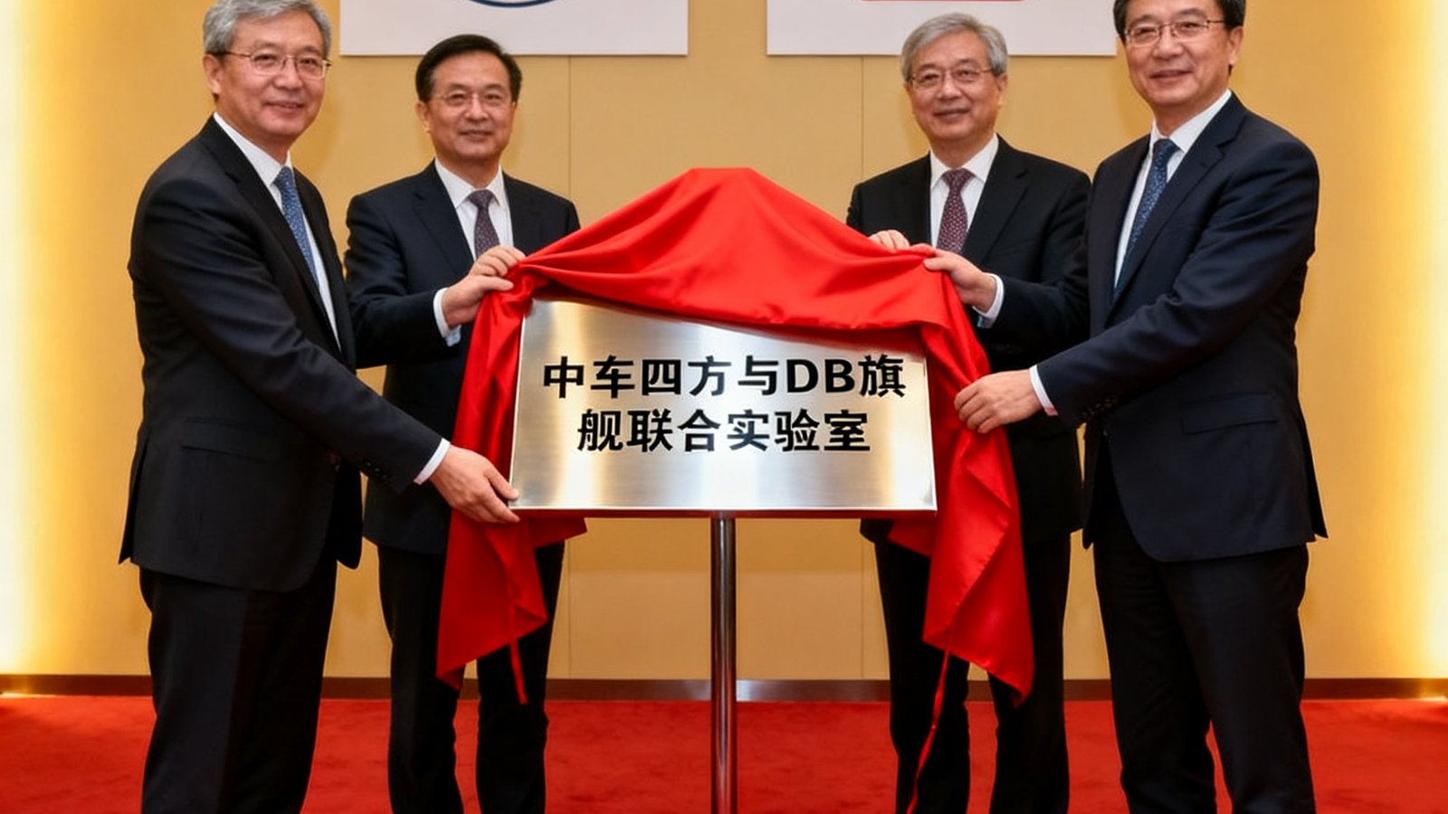 中车四方与DB旗舰联合实验室挂牌仪式，双方代表共同揭开覆盖在牌匾上的红布