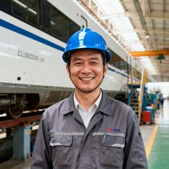 广州动车段检修车间主任头像，戴安全帽站在列车旁微笑